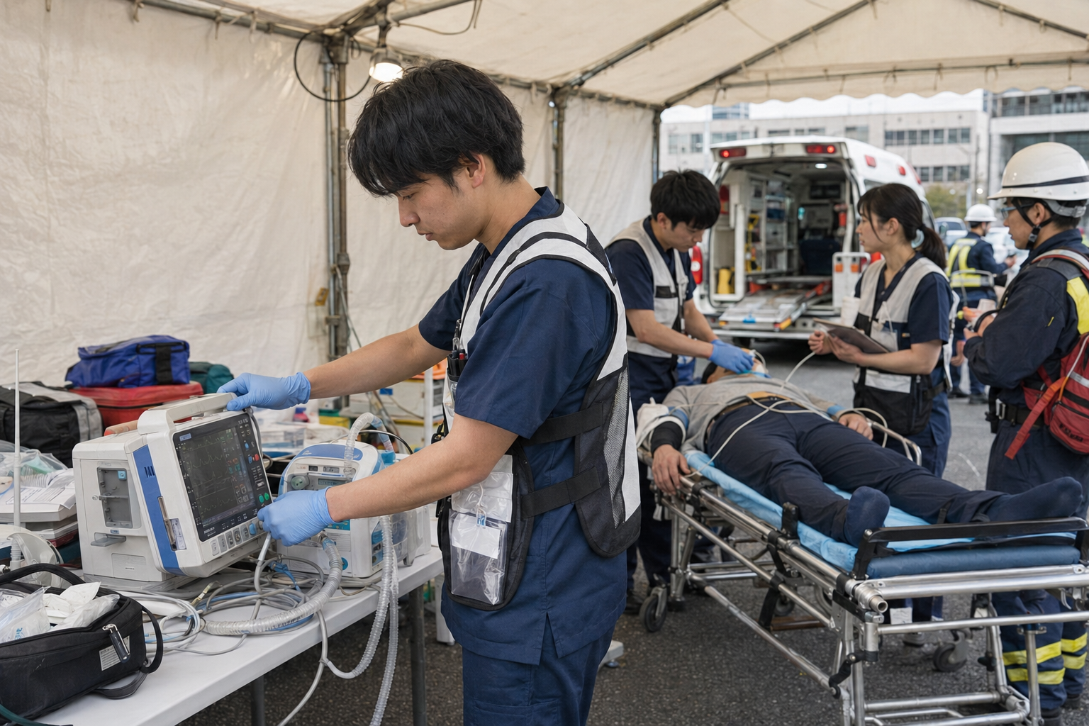 災害医療の現場で医療機器を確認する臨床工学技士のイメージ